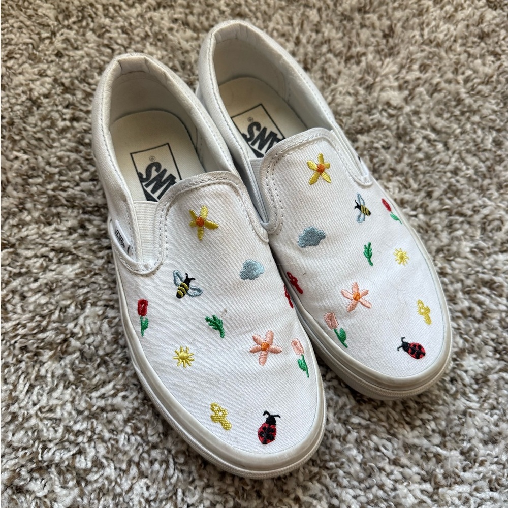 Vans Kids White Embroidered Slip-On Shoes